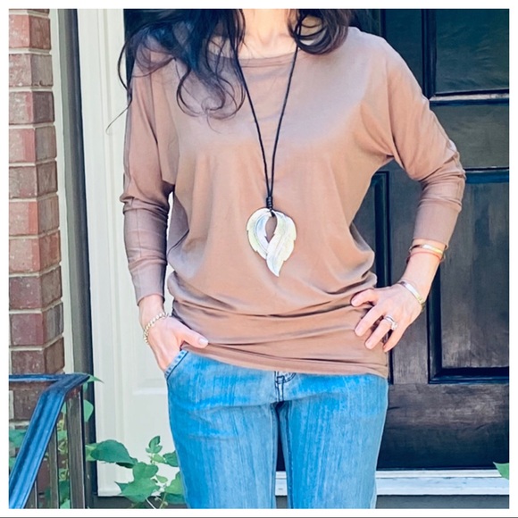 MOCHA DOLMAN BOATNECK 3/4 SLEEVES TUNIC TOP - Picture 12 of 15